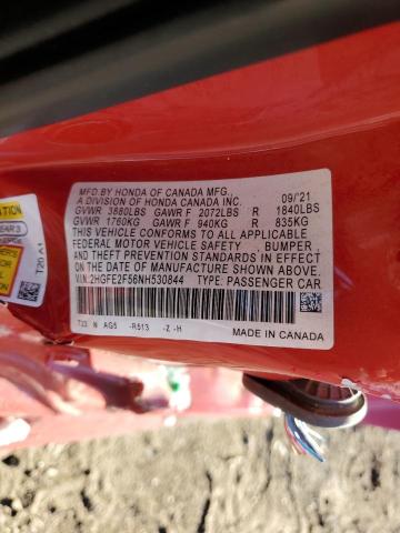 2HGFE2F56NH530844 - 2022 HONDA CIVIC SPORT 红色 照片 13