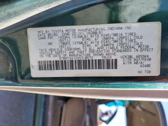 5TBRT341X2S310572 - 2002 TOYOTA TUNDRA ACCESS CAB GREEN photo 12