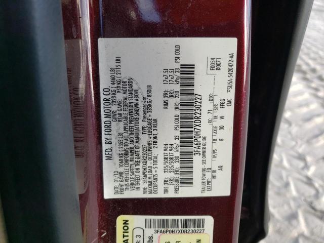 3FA6P0H7XDR230227 - 2013 FORD FUSION SE BURGUNDY photo 12