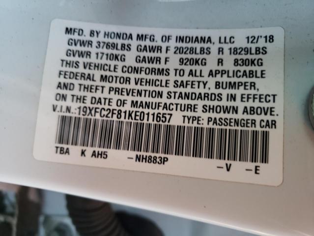 19XFC2F81KE011657 - 2019 HONDA CIVIC SPORT Սպիտակ լուսանկար 12
