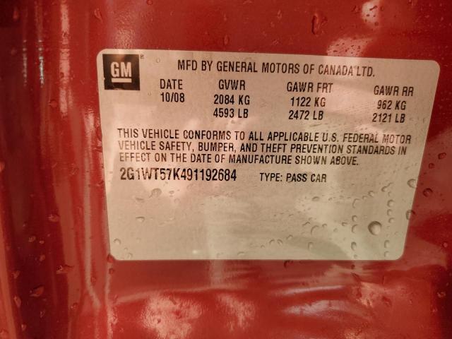 2G1WT57K491192684 - 2009 CHEVROLET IMPALA 1LT RED photo 12