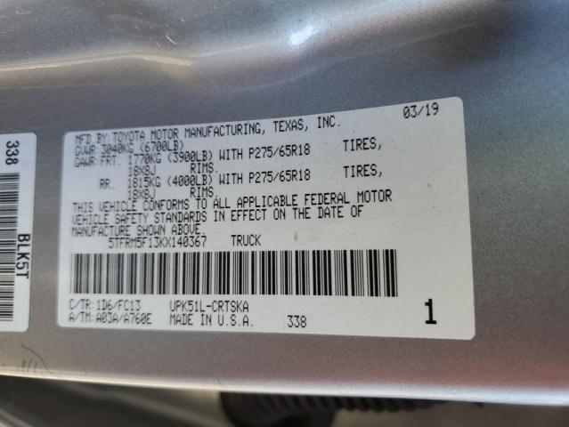 5TFRM5F13KX140367 - 2019 TOYOTA TUNDRA DOUBLE CAB SR/SR5 SILVER photo 12