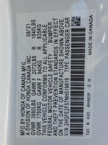 2HGFE2F57NH519819 - 2022 HONDA CIVIC SPORT 白色 照片 12