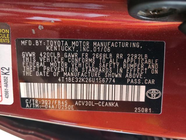 4T1BE32K26U156774 - 2006 TOYOTA CAMRY LE BURGUNDY photo 13