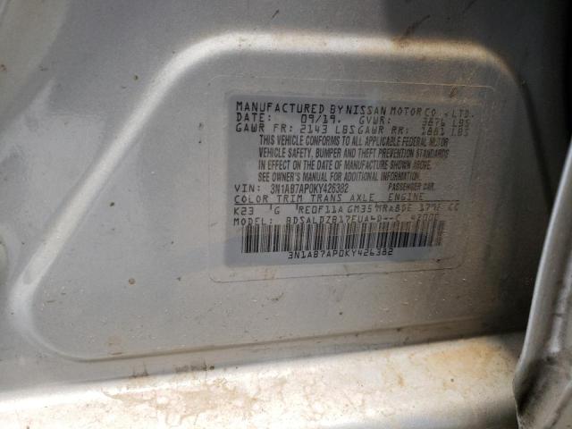 3N1AB7AP0KY426382 - 2019 NISSAN SENTRA S SILVER photo 12