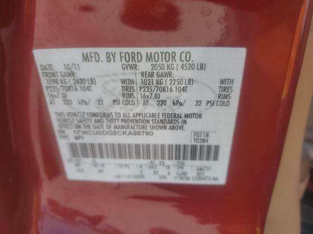 1FMCU0DG5CKA98780 - 2012 FORD ESCAPE XLT RED photo 13