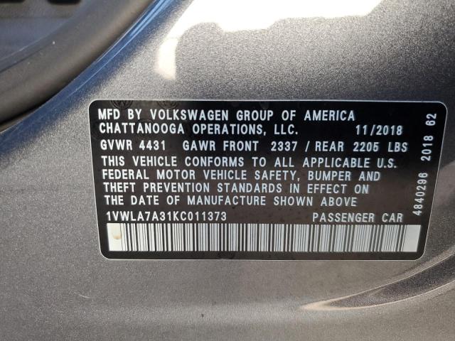 1VWLA7A31KC011373 - 2019 VOLKSWAGEN PASSAT WOLFSBURG GRAY photo 12