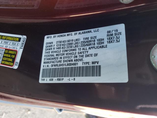 5FNRL6H51LB004601 - 2020 HONDA ODYSSEY EX MAROON photo 12