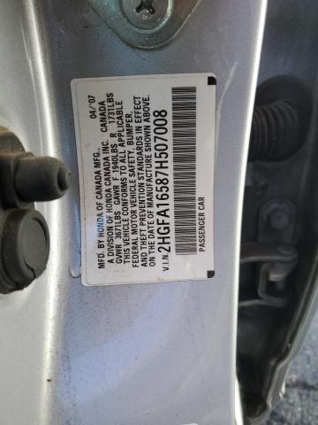 2HGFA16587H507008 - 2007 HONDA CIVIC LX SILVER photo 12