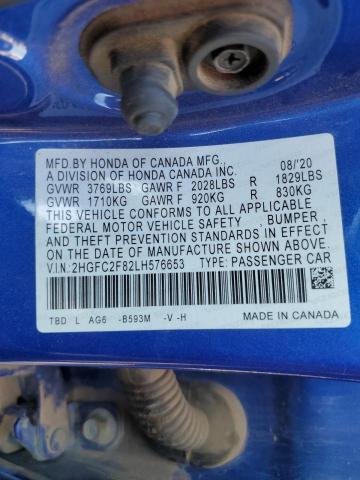 2HGFC2F82LH576653 - 2020 HONDA CIVIC SPORT 蓝色 照片 12