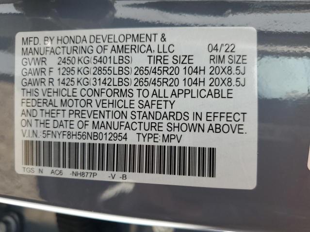 5FNYF8H56NB012954 - 2022 HONDA PASSPORT EXL Boz foto 14