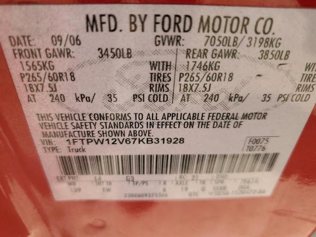 1FTPW12V67KB31928 - 2007 FORD F150 SUPERCREW RED photo 12