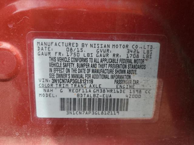 3N1CN7AP3GL812119 - 2016 NISSAN VERSA S RED photo 13