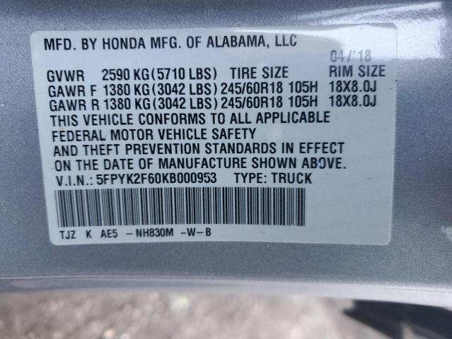 5FPYK2F60KB000953 - 2019 HONDA RIDGELINE RTL GRAY photo 12