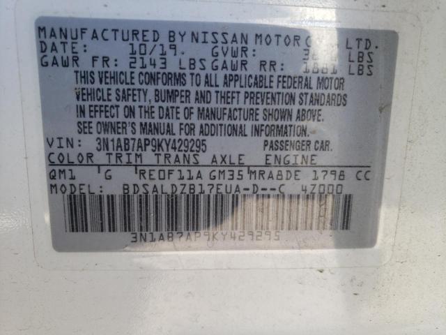 3N1AB7AP9KY429295 - 2019 NISSAN SENTRA S WHITE photo 13