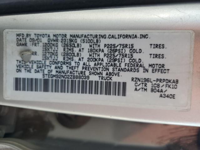 5TEGM92N02Z888039 - 2002 TOYOTA TACOMA DOUBLE CAB PRERUNNER BEIGE photo 12