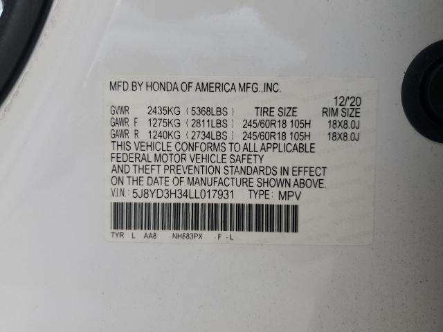 5J8YD3H34LL017931 - 2020 ACURA MDX WHITE photo 12