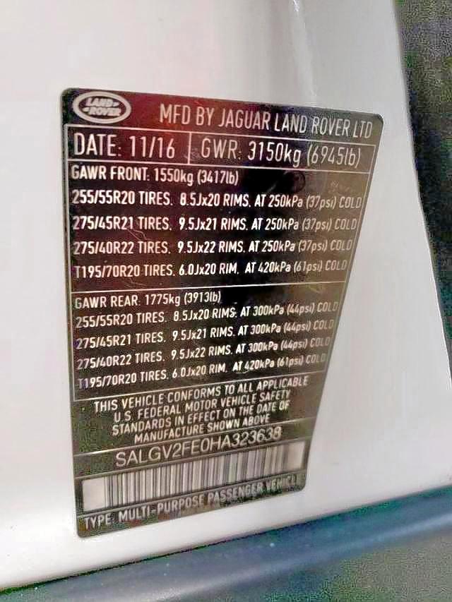 SALGV2FE0HA323638 - 2017 LAND ROVER RANGE ROVE AUTOBIOGRAPHY WHITE photo 10