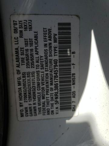 5FNRL38617B457940 - 2007 HONDA ODYSSEY EXL WHITE photo 13