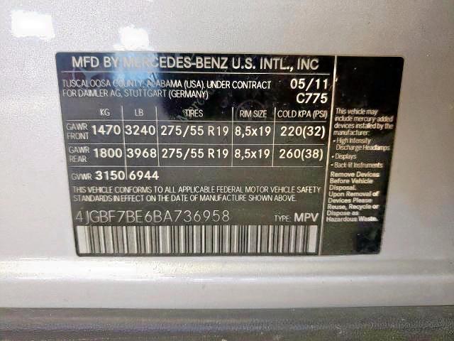 4JGBF7BE6BA736958 - 2011 MERCEDES-BENZ GL 450 4MATIC SILVER photo 10