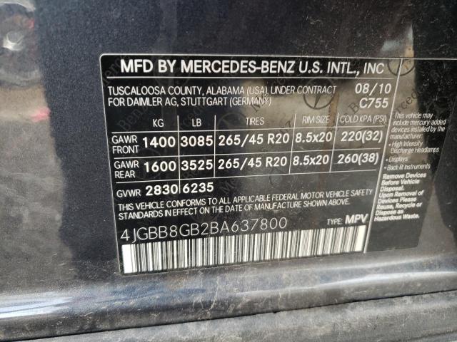 4JGBB8GB2BA637800 - 2011 MERCEDES-BENZ ML 350 4MATIC GRAY photo 12