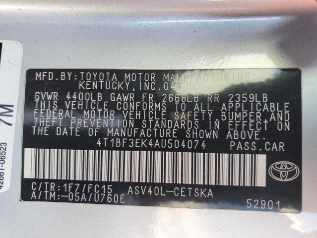 4T1BF3EK4AU504074 - 2010 TOYOTA CAMRY BASE SILVER photo 12