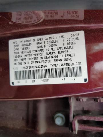 1HGCP26428A122526 - 2008 HONDA ACCORD LXP BURGUNDY photo 12