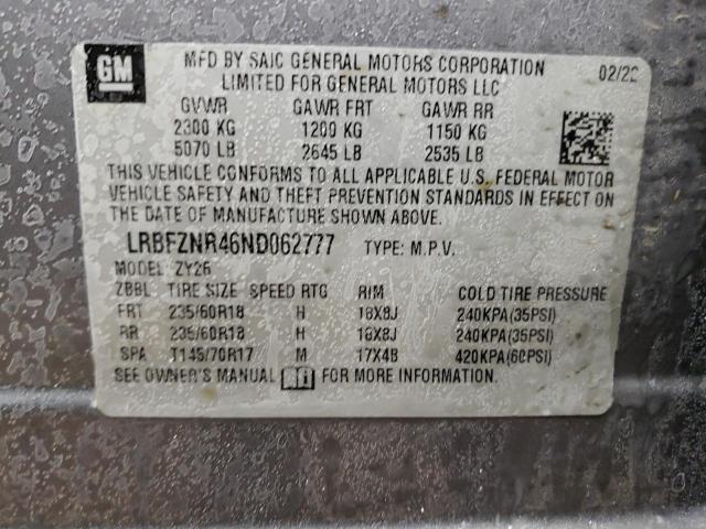 LRBFZNR46ND062777 - 2022 BUICK ENVISION ESSENCE Մոխրագույն լուսանկար 12