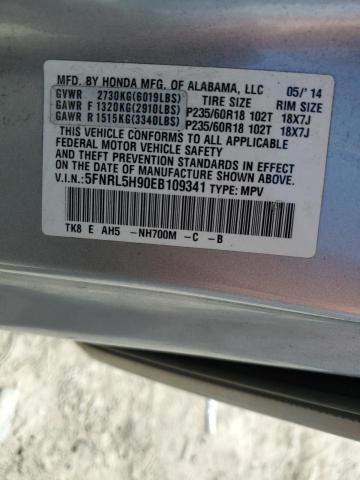 5FNRL5H90EB109341 - 2014 HONDA ODYSSEY TOURING SILVER photo 13