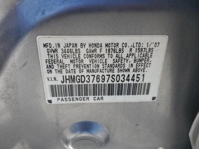 JHMGD37697S034451 - 2007 HONDA FIT S SILVER photo 12