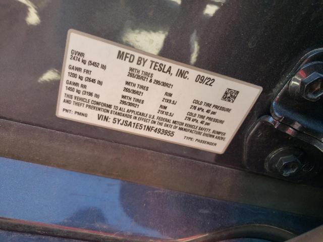 5YJSA1E51NF493955 - 2022 TESLA MODEL S ნაცრისფერი ფოტო 13