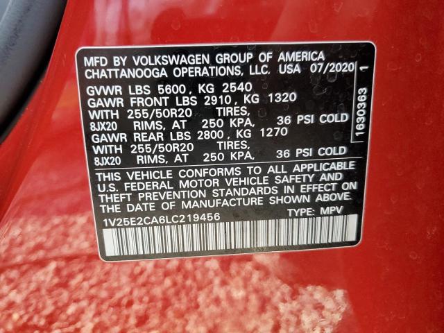 1V25E2CA6LC219456 - 2020 VOLKSWAGEN ATLAS CROS SE წითელი ფოტო 13