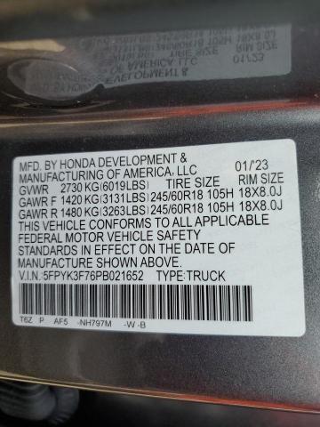 5FPYK3F76PB021652 - 2023 HONDA RIDGELINE RTL-E GRAY photo 12