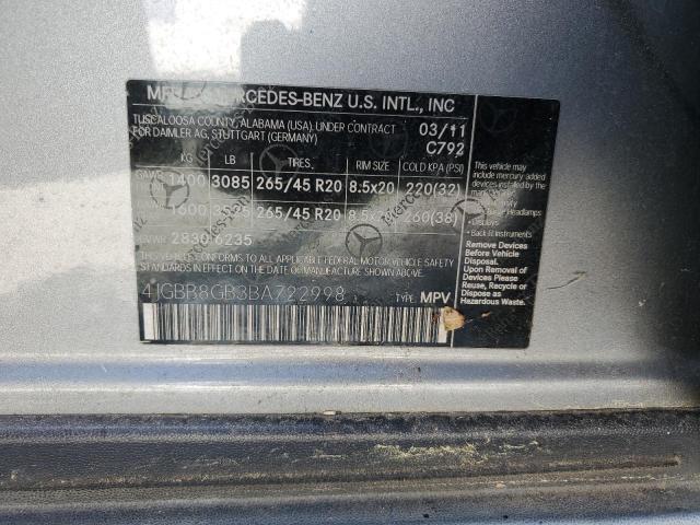 4JGBB8GB3BA722998 - 2011 MERCEDES-BENZ ML 350 4MATIC GRAY photo 13