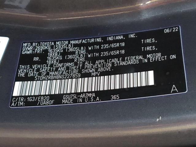 5TDHZRBH8NS227859 - 2022 TOYOTA HIGHLANDER XLE GRAY photo 13