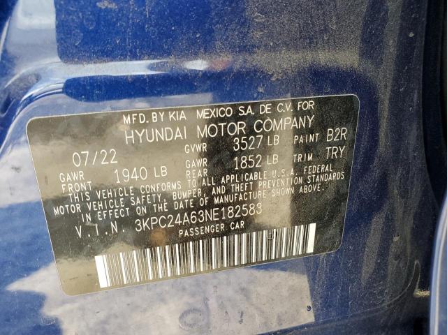 3KPC24A63NE182583 - 2022 HYUNDAI ACCENT SE BLUE photo 12