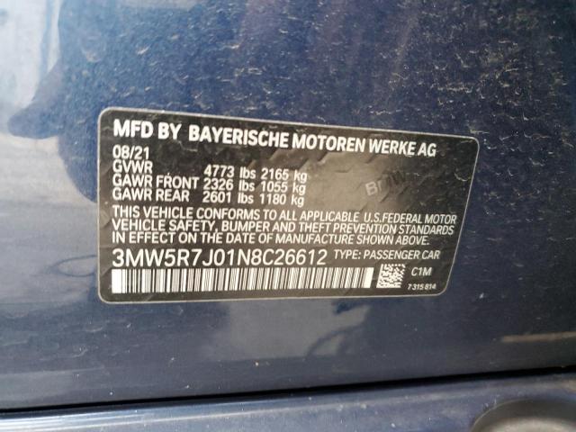 3MW5R7J01N8C26612 - 2022 BMW 330XI BLUE photo 12