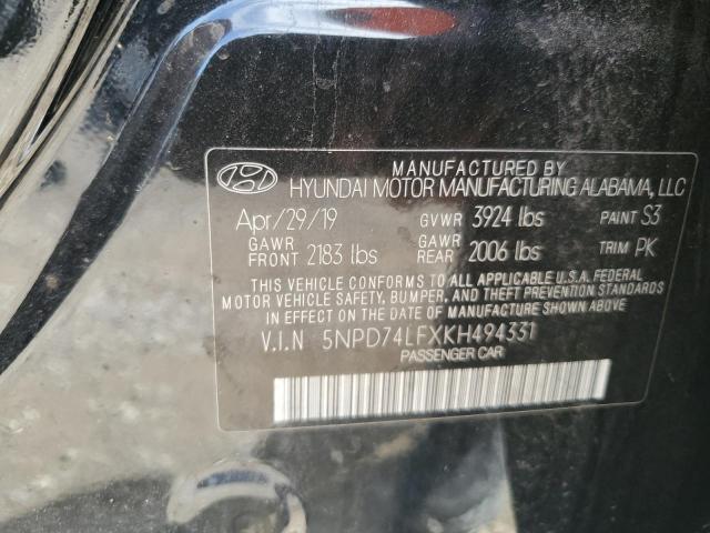 5NPD74LFXKH494331 - 2019 HYUNDAI ELANTRA SE BLACK photo 12