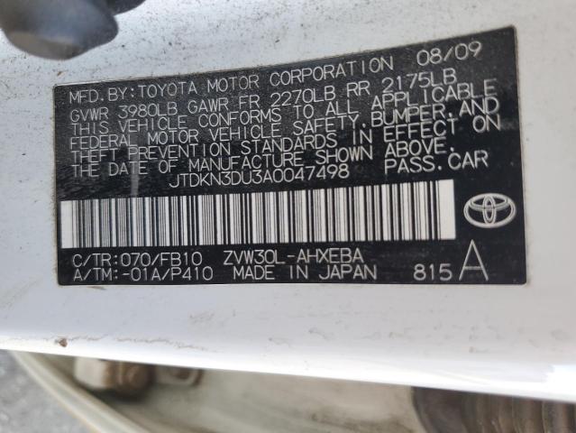 JTDKN3DU3A0047498 - 2010 TOYOTA PRIUS WHITE photo 12