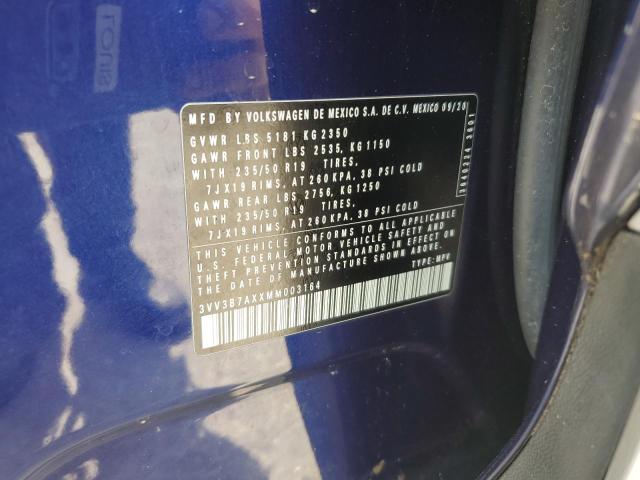 3VV3B7AXXMM003164 - 2021 VOLKSWAGEN TIGUAN SE BLUE photo 12