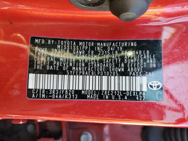 5YFEPRAE8LP010205 - 2020 TOYOTA COROLLA LE RED photo 12