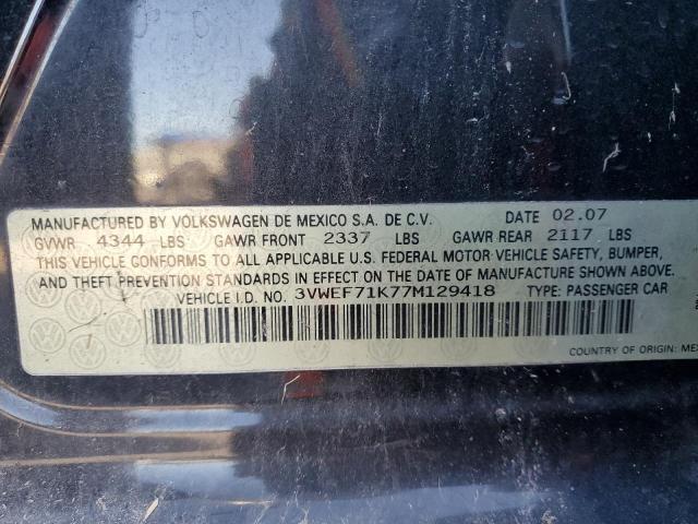 3VWEF71K77M129418 - 2007 VOLKSWAGEN JETTA WOLFSBURG 黑色 照片 12