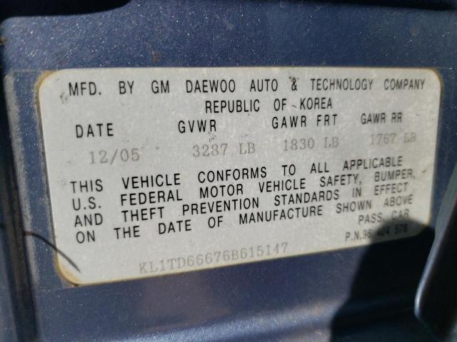 KL1TD66676B615147 - 2006 CHEVROLET AVEO BASE Mavi foto 12