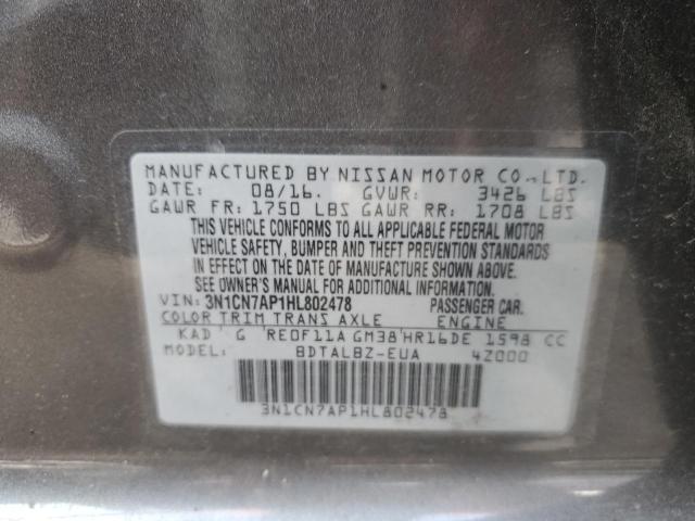 3N1CN7AP1HL802478 - 2017 NISSAN VERSA S GRAY photo 12