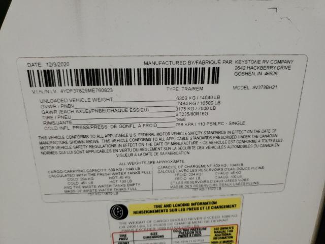 4YDF37829ME760823 - 2021 KEYSTONE AVALANCHE ორფეროვანი ფოტო 10