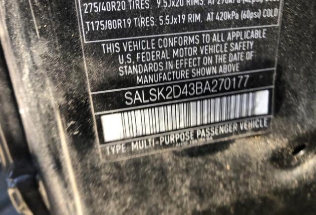 SALSK2D43BA270177 - 2011 LAND ROVER RANGE ROVE LUX BLACK photo 10