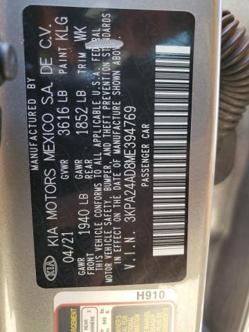 3KPA24AD8ME394769 - 2021 KIA RIO LX GRAY photo 12