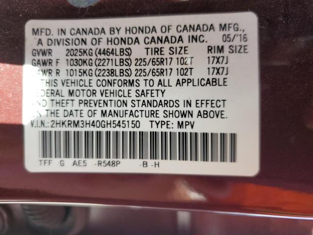 2HKRM3H40GH545150 - 2016 HONDA CR-V SE BURGUNDY photo 12