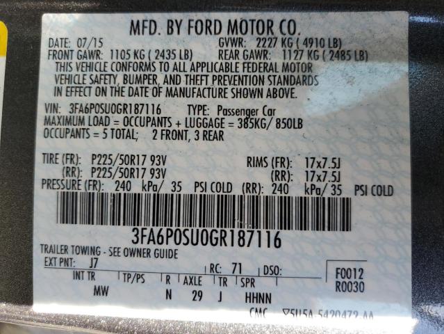 3FA6P0SU0GR187116 - 2016 FORD FUSION TITANIUM PHEV CHARCOAL photo 12