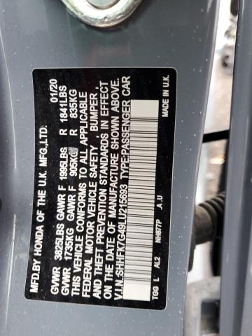 SHHFK7G49LU215693 - 2020 HONDA CIVIC SPORT 蓝色 照片 12